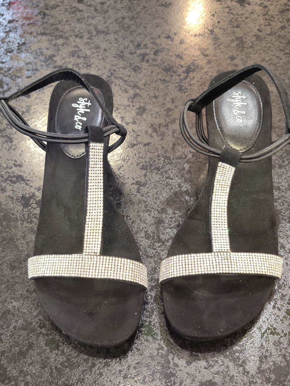 Style & Co. Black T-Strap Rhinestone Flat Sandals
